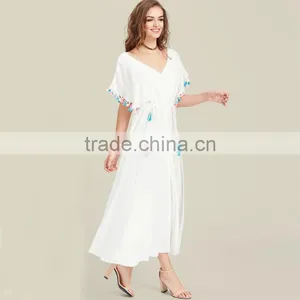 Designer Tassel Trim Boho Dress, Women White Deep V-neck Maxi Dress thumbnail-4