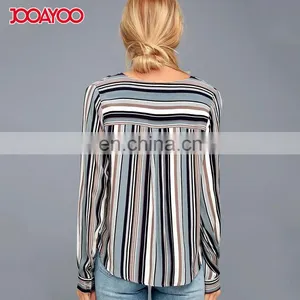 High Quality Trendy Style Striped Long Sleeve Knotted Shirt Lady Colorful Blouse &top thumbnail-4