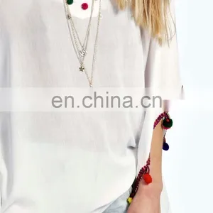 BRIGHT POM POM TRIM OVERSIZED TOP Slim Embroidered Poncho/ Short Kaftan For Women Summer Wear thumbnail-2