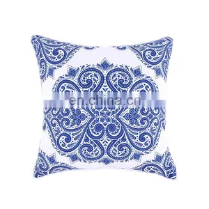 Chinese Style Blue and White Porcelain Design Polyester Canvas Outdoor Cushion Cover With White Piping and Invisible Zipper thumbnail-2