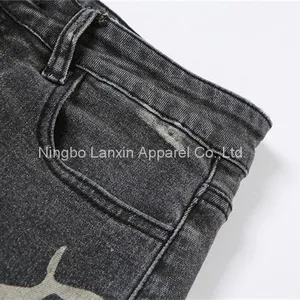 Womens Graphic Print Ripped Distressed Jeans Grey High Waist Y2K Straight Leg Denim Pants thumbnail-4