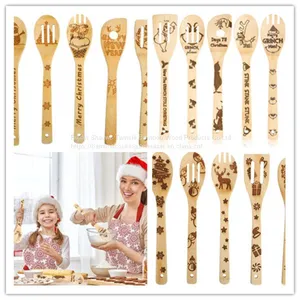 Christmas Bamboo Cooking Spoons Set Burn/Bamboo Cooking Utensil Set / Wholesale Kitchen Utensil Burned thumbnail-1