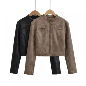 American INS High Street Retro Short Slim Motorcycle Jacket for Women in 2025 Autumn Vintage Color Leather Jacket and Suede Jacket thumbnail-1