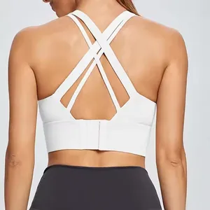 Women 2 PCS Yoga Gym Outfit Set Cross Back Shockproof Sports Bra High Waist Running Shorts With Side Pockets Quick Dry Workout Active Wear thumbnail-2