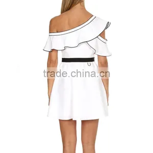 Asymmetrical Ruffle One Shoulder Contrast Pipping Short Dress thumbnail-3