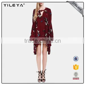 2017 Deep-v Floral Printed Loose Long Sleeve Sexy Chiffon Dress for Lady thumbnail-3