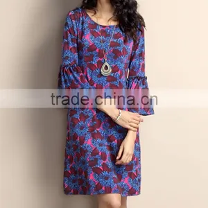 2016 New Women Dresses With Blue Floral Bell-Sleeve Shift Dress Women Flower Dress Women Wear GD90426-51 thumbnail-1