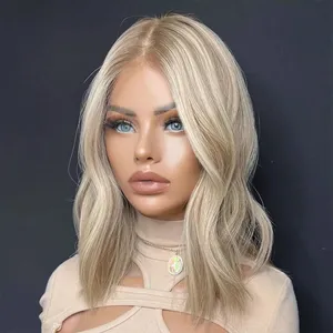 HD Lace Human Hair Wigs Brazilian Natural Wave Bob Wig 13x4 Light Honey Blonde Lace Front Wig Glueless Wig Ash Roots PrePlucked thumbnail-2