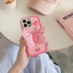 Stylish 3D Butterfly Stand Silicone Shock-proof Phone Case Iphone 12 13 14 15Pro Max thumbnail-3