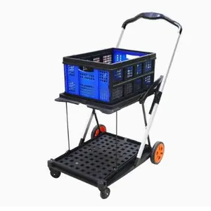 Multi-Purpose Four Wheels Double Layers Storage Sturdy Plastic Trolley With Folding Boxes Shopping Cart thumbnail-1