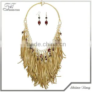 Latest Design Gold Necklace Rhinestone Semi Stone Leather Tassel Necklace thumbnail-1