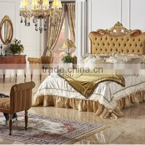 Antique Classic Upholstery Bed Set, Luxury Button Tufted Queen Bed With Gold Painting, Wood Carving Bedroom Furniture Set thumbnail-5