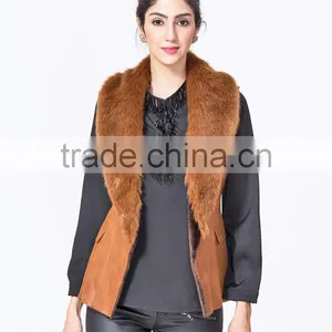 New Fashion Wholesale Clothing Manufacturers Women Suede Gilet With Fur Collar thumbnail-2