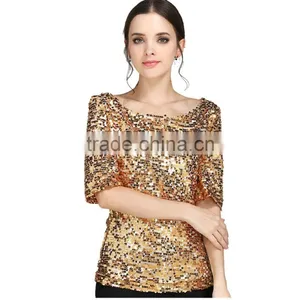 Womens Sequin Paillette Detail Golden Hot Gilrs Tight Shirt thumbnail-4