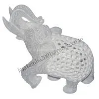 Rare Stone Inlay Saluting Elephant Solid White Marble Colorful Alabaster Art thumbnail-1