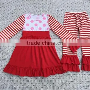 Children's Boutique Fall Clothing Set Polka Dots Red Dress Stripe Ruffle Pants Holiday Baby Girl Clothing Outfit thumbnail-2