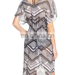 C84 Loose Fit Flutter Sleeves Cover-Up Tunic Printed Chiffon Beach Kaftan thumbnail-3