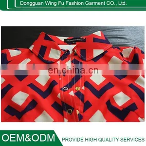 Ladies Retro Printing Red Knitted Cotton Shirt Style Long Sleeve Lapel Dress thumbnail-3