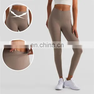 Sexy Peach Hip High Waist V Cut Cross Waist Yoga Leggings Hot Tummy Control Gym Fitness Workout Activewear Tight Pants For Women thumbnail-1