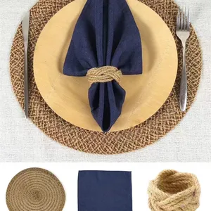 Cheap Wholesale Round Shaped Rattan Place Mat Blue Napkin Cloth And Rattan Napkin Ring For Wedding Budget Event Decoration thumbnail-1