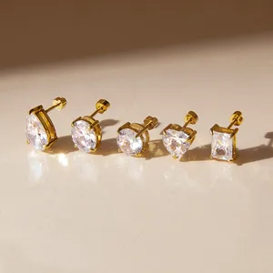 Gold Plated Stainless Steel Stud Earrings for Women Cubic Zirconia Diamond Earrings Hypoallergenic Waterproof Jewelry Set thumbnail-5