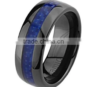 Mens Ceramic Wedding Band With Blue Carbon Fiber Inlay thumbnail-1