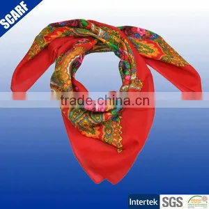 100% Polyester Red Color Silk Screen Printed Squard Scarf thumbnail-1