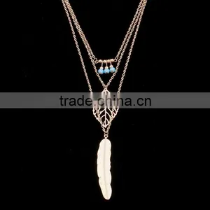 Latest Fancy Design Necklaces Jewelries Bohemia Style Three Tiny Turquoise Hollow Leaf Long Feather Multi Layer Necklaces thumbnail-5