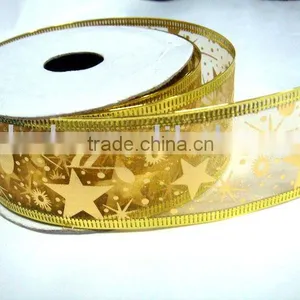 Stars Gold Foil Printed Christmas Ribbon With Wire Pressed Sides thumbnail-1