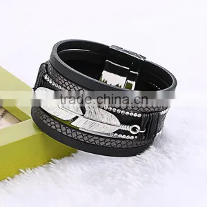 6 Color In Stock Fashion Silver Leaf Charms Vintage Multilayer Crystal Leopard Leather Bracelet thumbnail-4