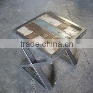 METAL AND RECYCLE WOOD X DESIGN STOOL thumbnail-1