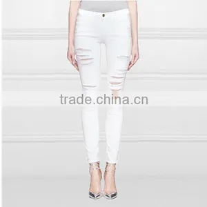 2014 Fashion China Wholesale White Stretch Cotton Distressed Holes Latest Design Denim Fabric Jeans Pants Factory thumbnail-1
