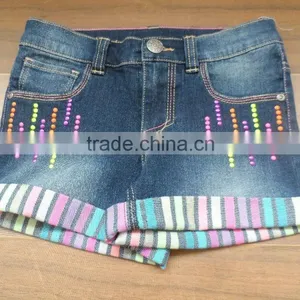 Cotton Polyester Navy Blue Denimn Rhinestone With Contrast Hem Big Girls Fashion Jeans Cargo Bermudas thumbnail-1