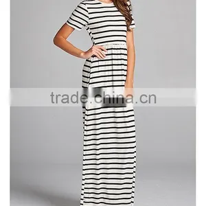 Elegant Long Nightgowns Black & White Stripe Short Sleeve Hidden Pockets Scoop Neck Gown Dresses Evening Muslim Dress Maxi thumbnail-5