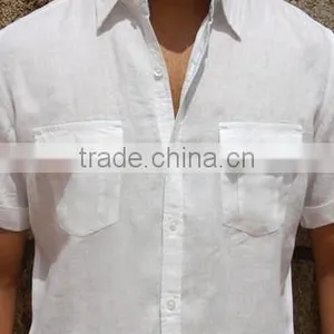Mens White Linen Short Sleeve Linen Shirts Two Pockets Casual Shirt thumbnail-1