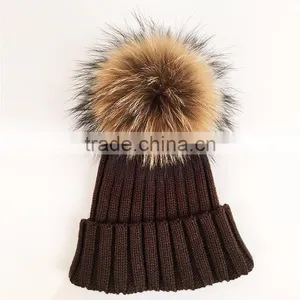 Myfur Super Size Raccoon Fur Pom Pom Detachable Fur Ball Knit Hat thumbnail-2