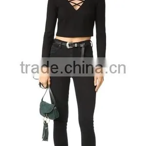 OEM Seriver Women T Shirt Black Soild Color Cotton Jesery V Necklace T Shirt thumbnail-4