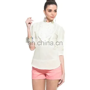 White Three-fourth Sleeves Ruffled Top Fahion Design Frilly Three-fourth Sleeves Pleated Layered Lady Blouse With Lace Trim thumbnail-4