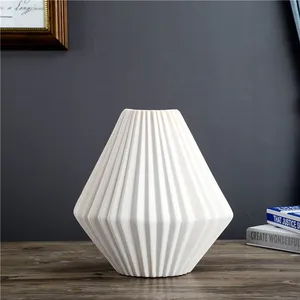 Pleated Battle Frosted White Geometry Three-Piece Ceramic Vase For Soft Decoration thumbnail-3