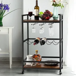 Bar Serving Cart Kitchen Storage Trolley on Wheels With Wine Rack Holder thumbnail-2
