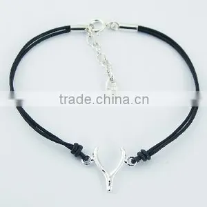 Adjustable Sterling Silver Wishbone Leather Bracelet thumbnail-1