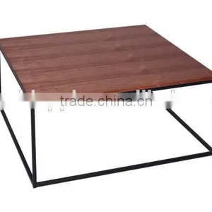 Square Wooden Coffee Table, Modern Steel Low Table With Wooden Top, Side Table for Home Use thumbnail-1