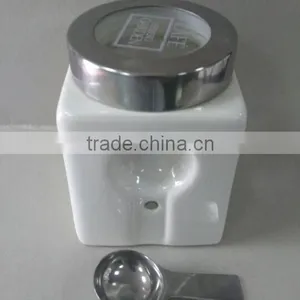 Plain White Ceramic Square Storage Jar With Spoon & Silicone Lid thumbnail-3