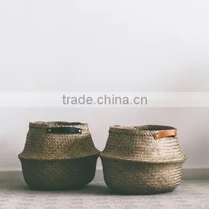 Seagrass Storage Baskets With Leather Hanldes, Belly Decorative Seagrass Baskets thumbnail-2