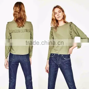 Women Fashion Long Sleeve Frilled T-shirts Tops Printed Round Neck Tops Blouses thumbnail-2