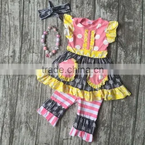 Capris Spring Summer Baby Girls Flutter Sleeveless Clothing Kids Grey Arrow Boutique Outfits Striped With Necklace and Headband thumbnail-1