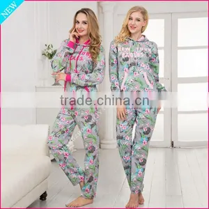 Wholesale Custom Women Fancy Printed Pajama Hoody+pant Cvc French Terry Comfortable Design Winter Pajamas Set for Women thumbnail-1