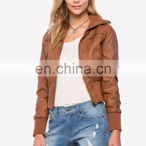 New Fashion Ribbed Knit Trim 100% PU Leather Bomber Jacket for Women thumbnail-2
