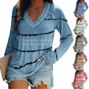 Tie-dye Stripes Printed V-neck Long-sleeved T-shirt Women thumbnail-1