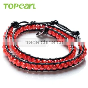 Topearl Jewelry Potato Shape Red Freshwater Pearl Bracelet Woven Leather Wrap Festival Bracelets for Women 14 Inches CLL162 thumbnail-1